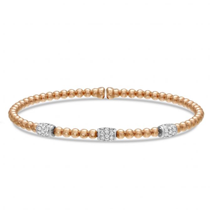18K Rose Gold Three Station Beaded Diamond Cuff Bracelet, 0.40cttw