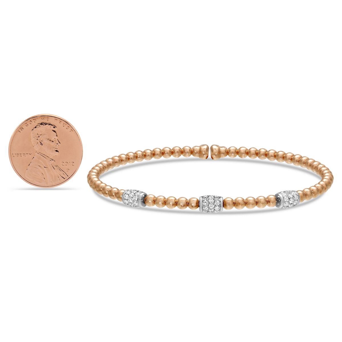 18K Rose Gold Three Station Beaded Diamond Cuff Bracelet, 0.40cttw