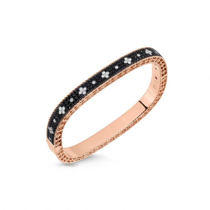 Roberto Coin Venetian Slim Bangle Bracelet with Black & White Fleur De Lis Diamonds in Rose Gold