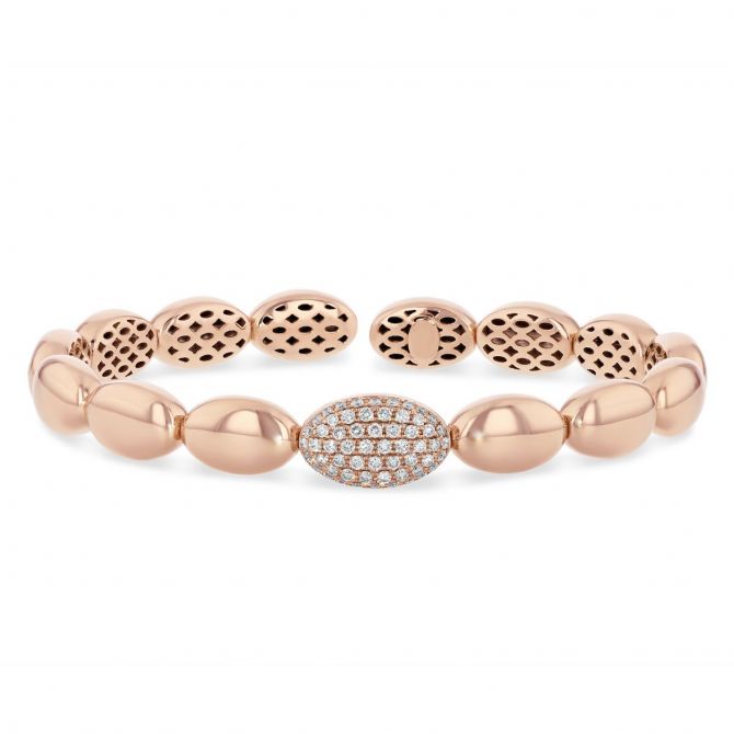 18K Rose Gold Pave Diamond Station Oval Bubble Flexible Cuff Bracelet