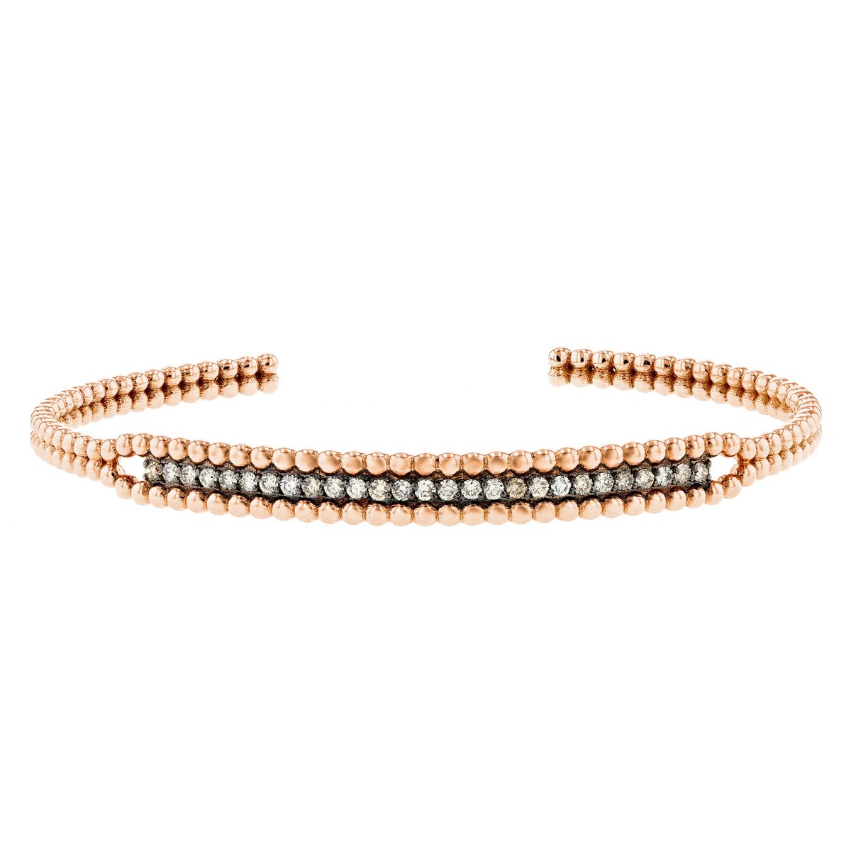 18K Rose Gold Brown Diamond Open Cuff Beaded Bracelet