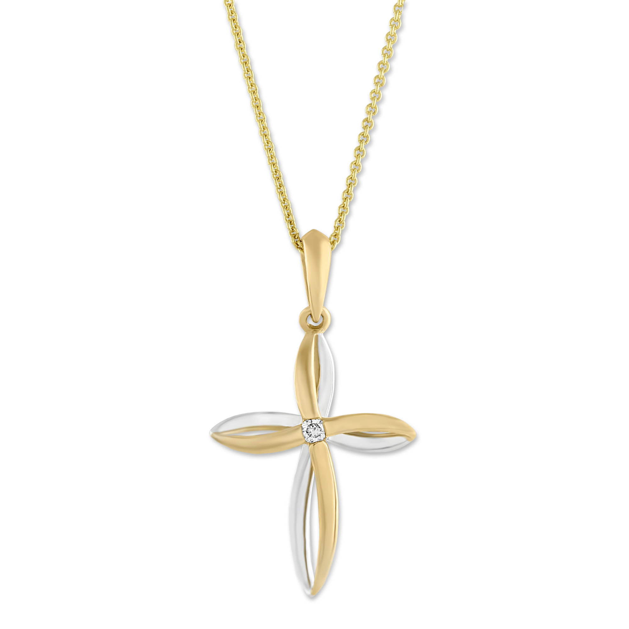 Yellow & White Gold Cross Pendant Necklace with Single Diamond
