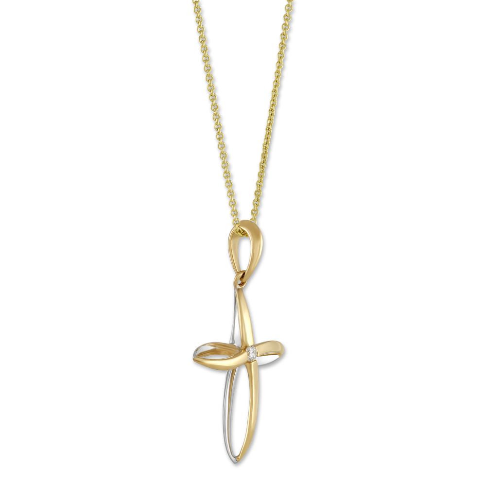 Yellow & White Gold Cross Pendant Necklace with Single Diamond