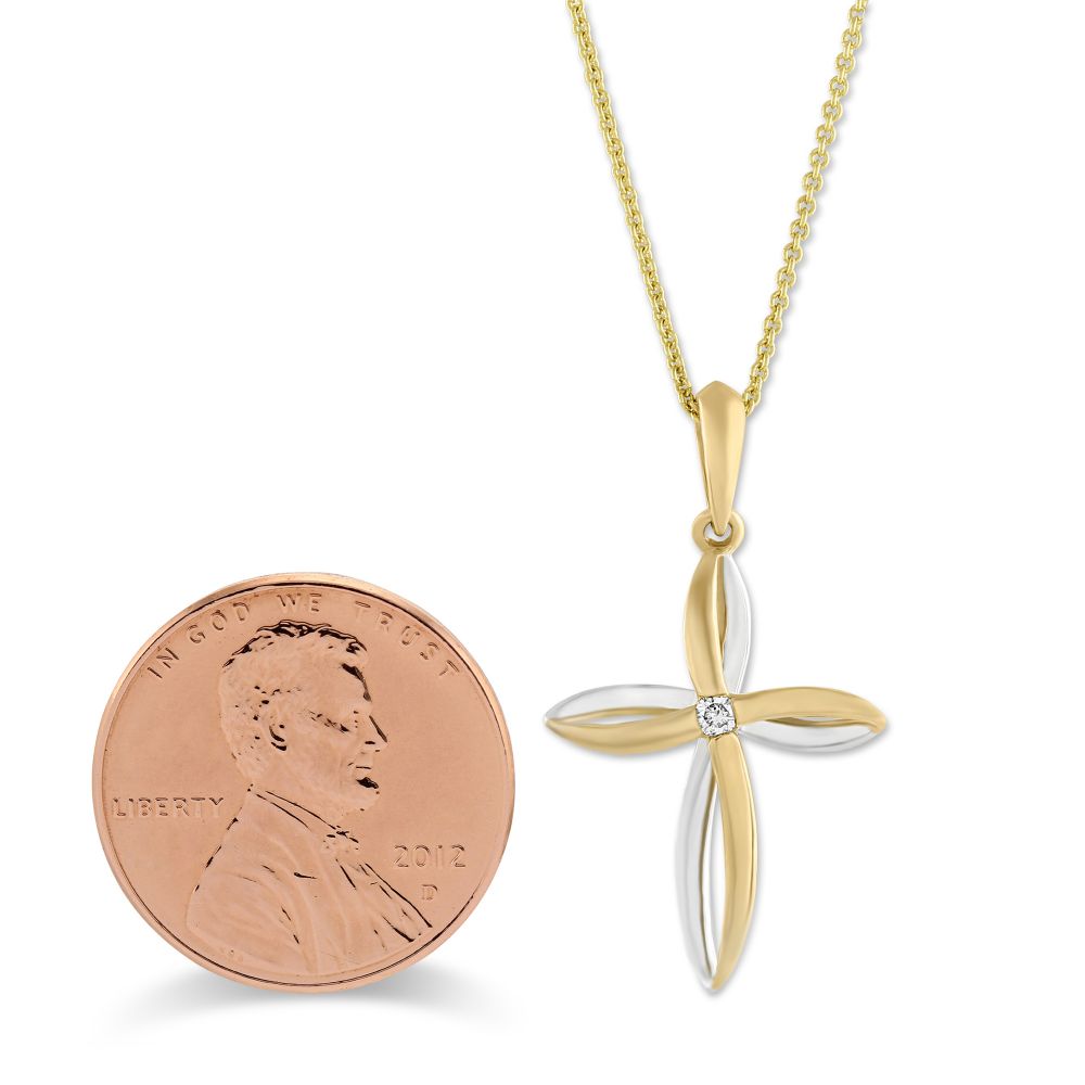Yellow & White Gold Cross Pendant Necklace with Single Diamond