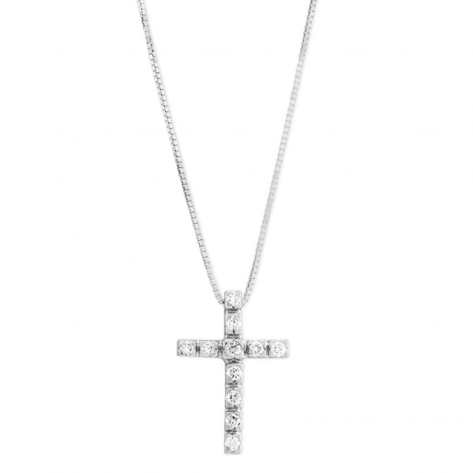 14K White Gold 11 Diamond Cross Pendant, 16"