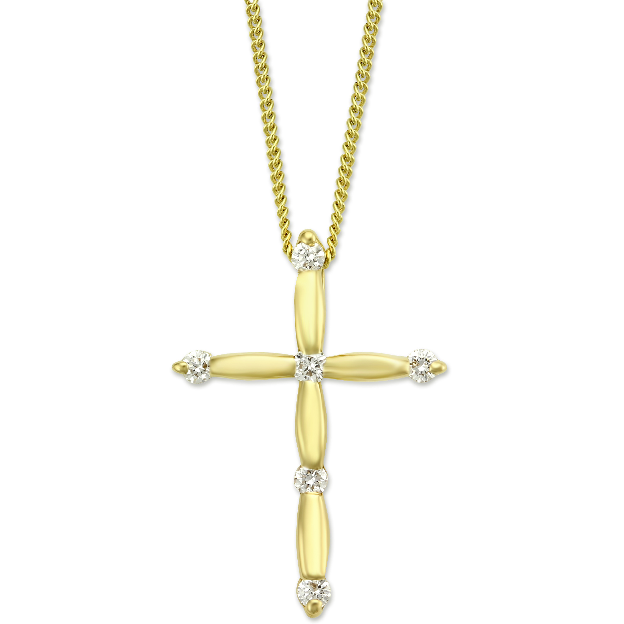 Yellow Gold Scalloped & Diamond Cross Pendant Necklace, 0.14cttw