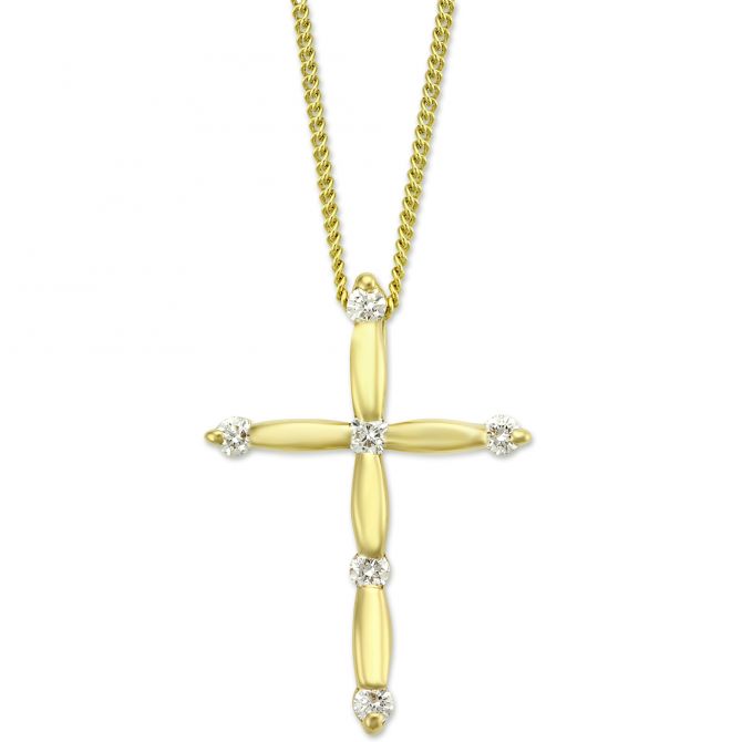 Yellow Gold Scalloped & Diamond Cross Pendant Necklace, 0.14cttw