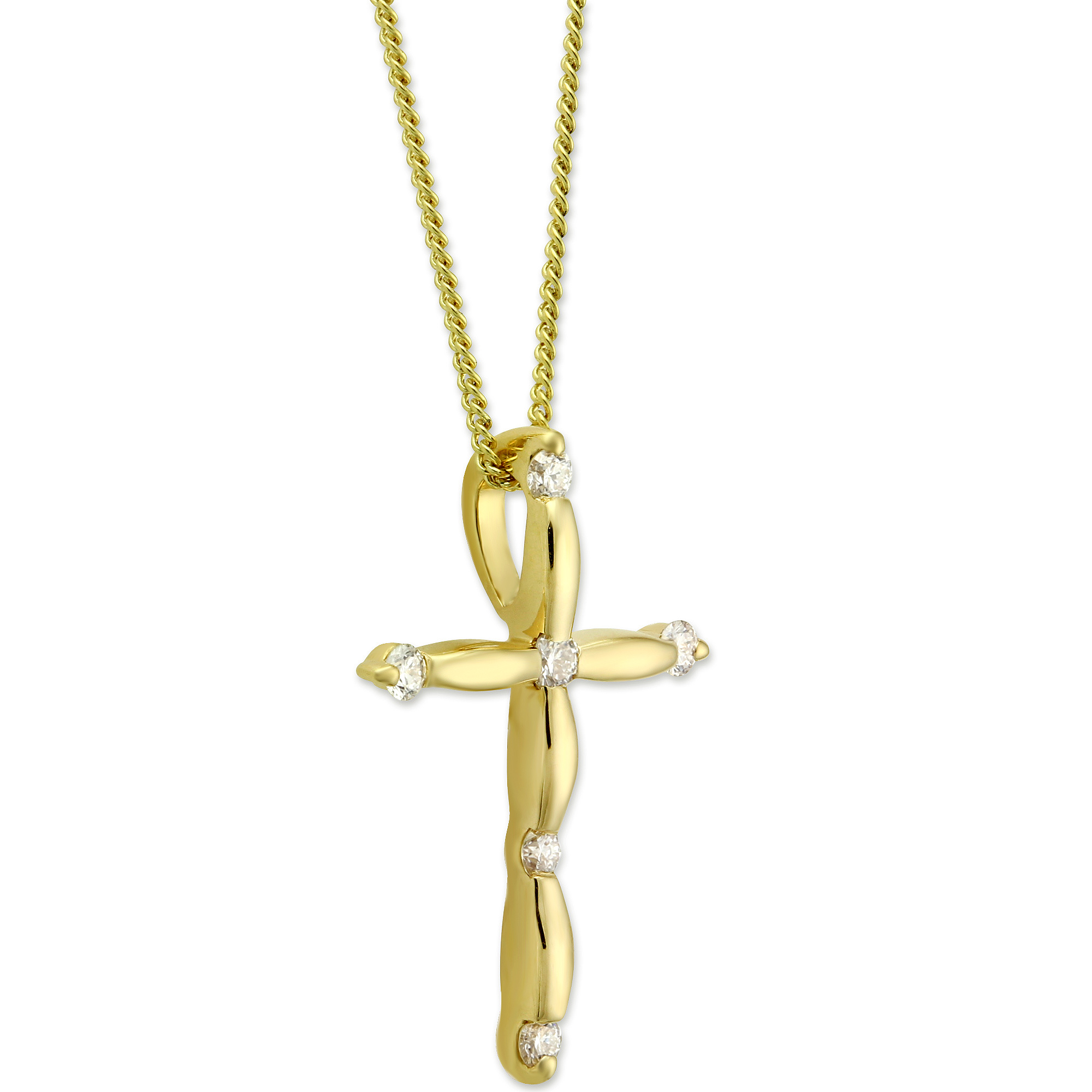 Yellow Gold Scalloped & Diamond Cross Pendant Necklace, 0.14cttw