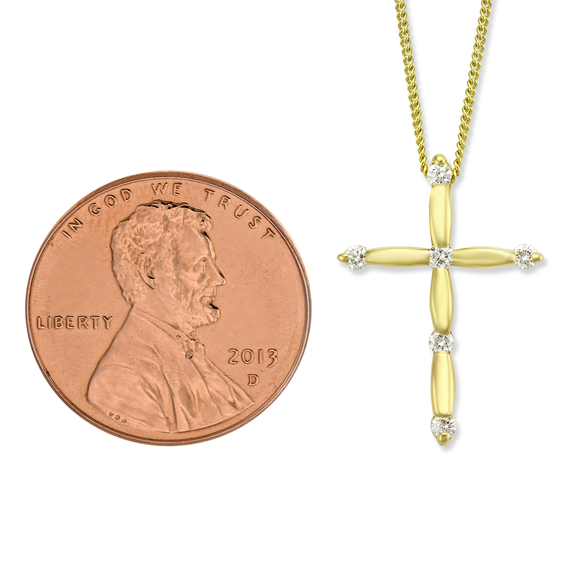 Yellow Gold Scalloped & Diamond Cross Pendant Necklace, 0.14cttw