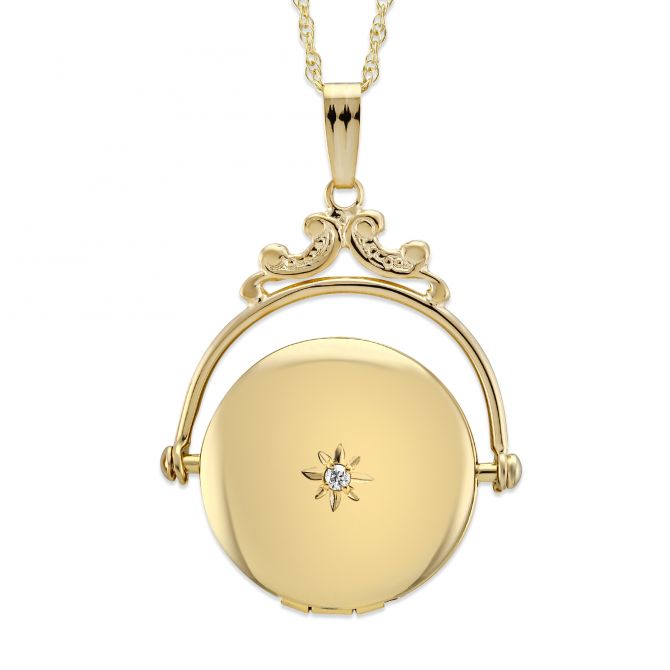 Yellow Gold Spinning Locket with Single Diamond, 18"