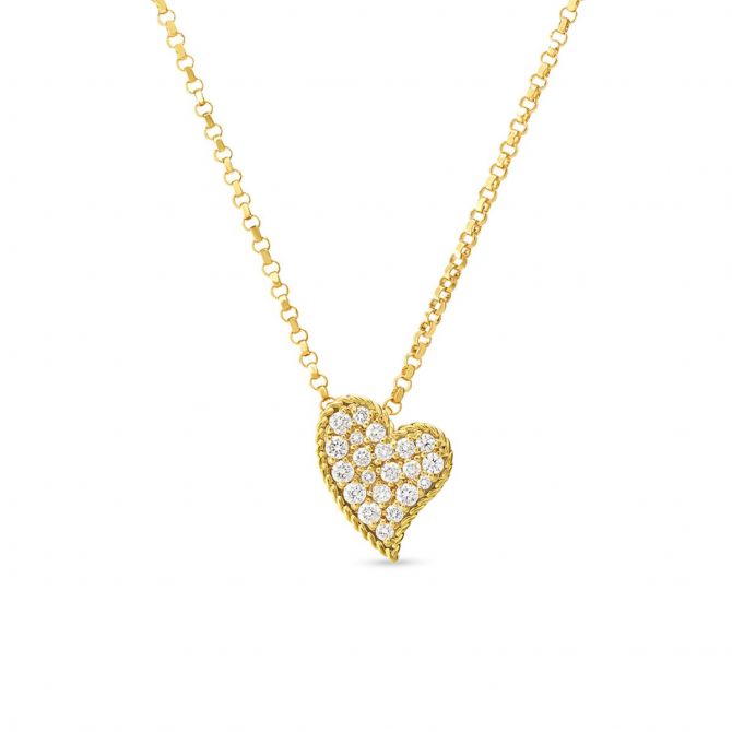 Roberto Coin Princess Slanted Heart Pendant Necklace with Diamonds in Yellow Gold