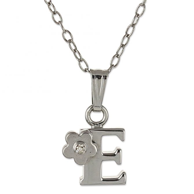 Sterling Silver Diamond Flower Initial Children's Pendants, 16"
