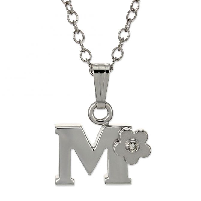 Sterling Silver Diamond Flower Initial Children's Pendants, 16"