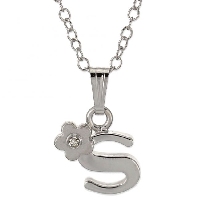 Sterling Silver Diamond Flower Initial Children's Pendants, 16"