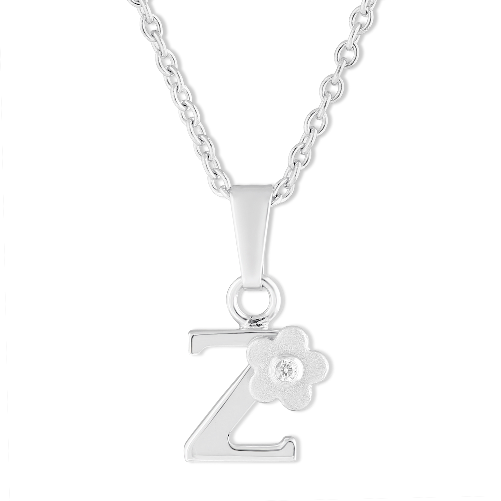 Sterling Silver Diamond Flower Initial Children's Pendants, 16