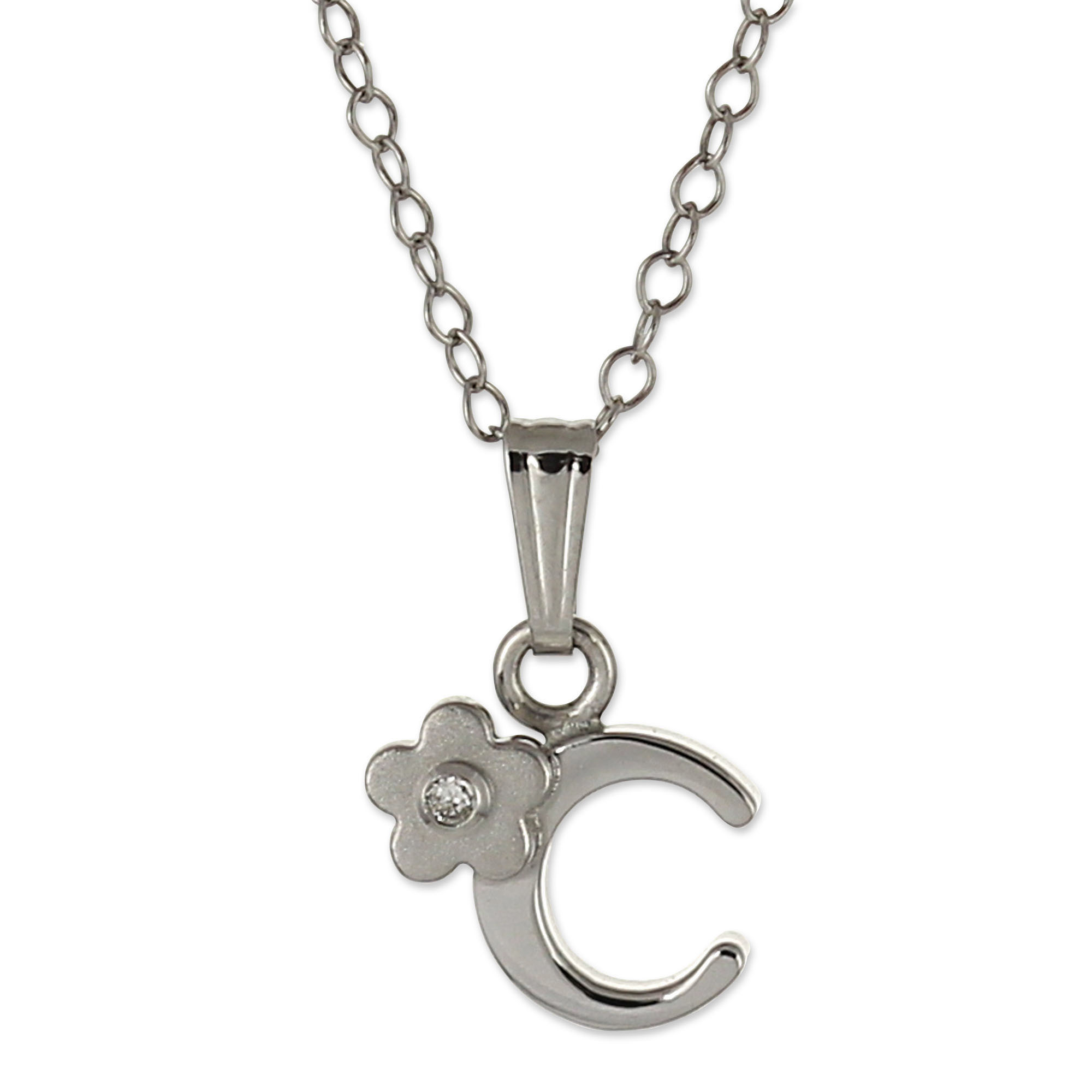 Sterling Silver Diamond Flower Initial Children's Pendants, 16