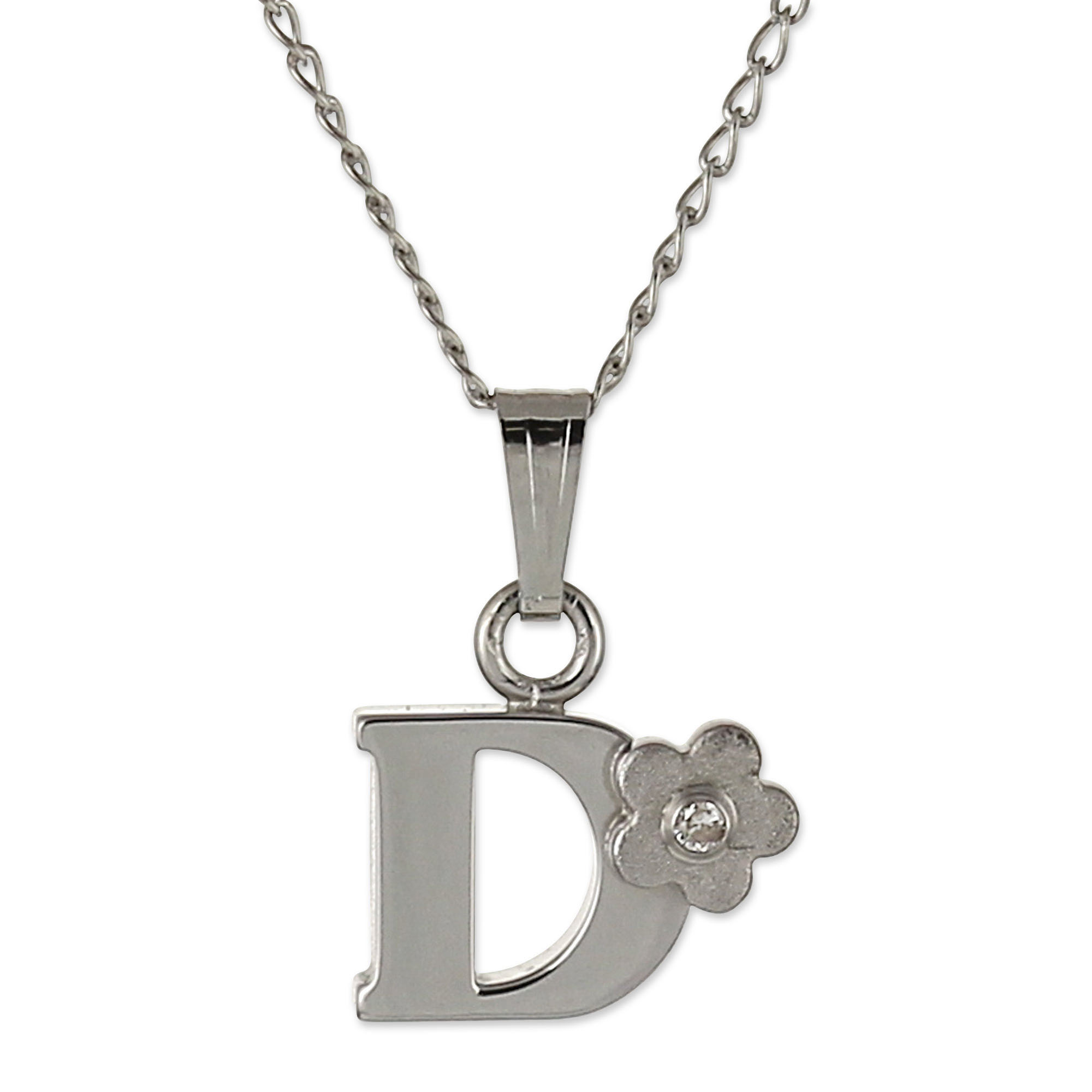 Sterling Silver Diamond Flower Initial Children's Pendants, 16