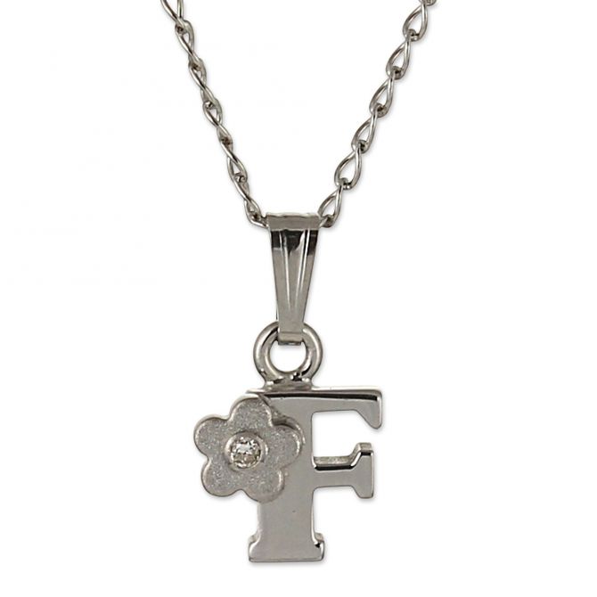 Sterling Silver Diamond Flower Initial Children's Pendants, 16"