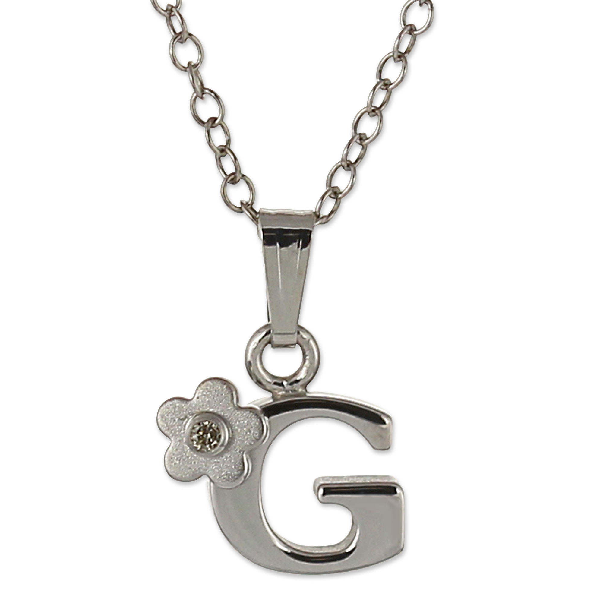 Sterling Silver Diamond Flower Initial Children's Pendants, 16