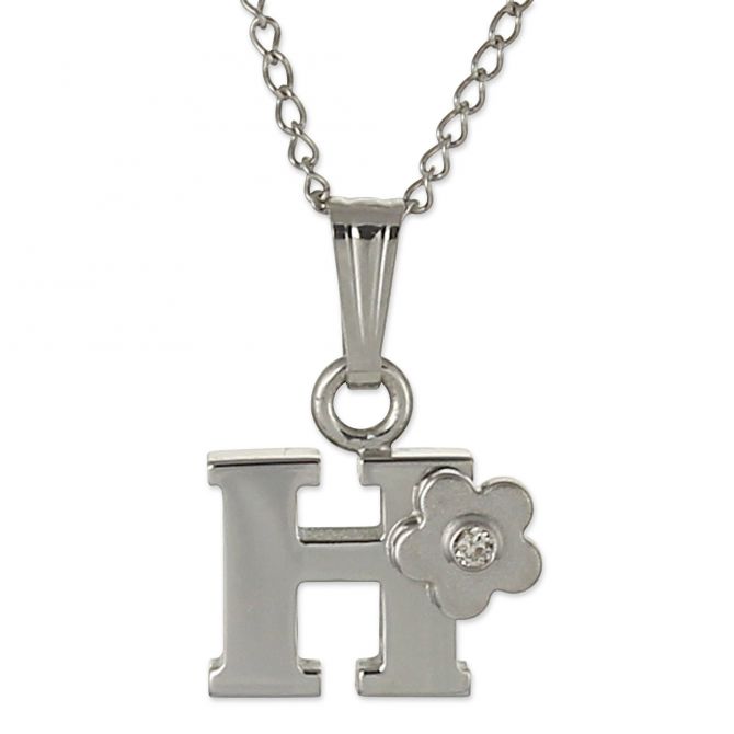 Sterling Silver Diamond Flower Initial Children's Pendants, 16"