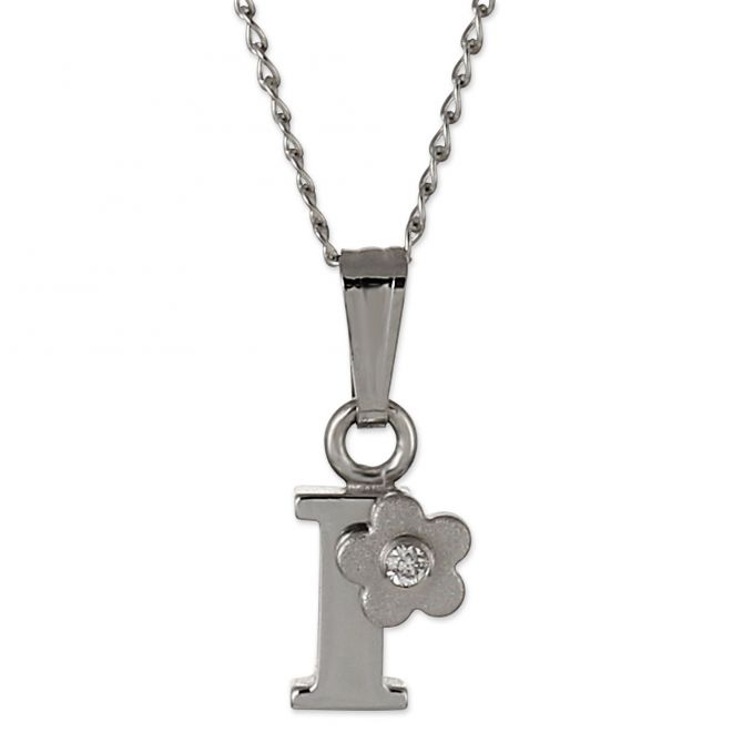 Sterling Silver Diamond Flower Initial Children's Pendants, 16"