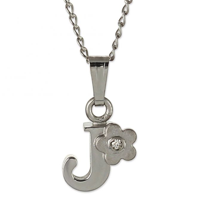 Sterling Silver Diamond Flower Initial Children's Pendants, 16"