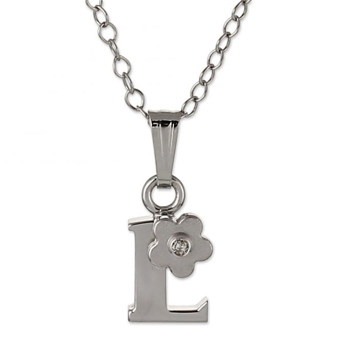 Sterling Silver Diamond Flower Initial Children's Pendants, 16"