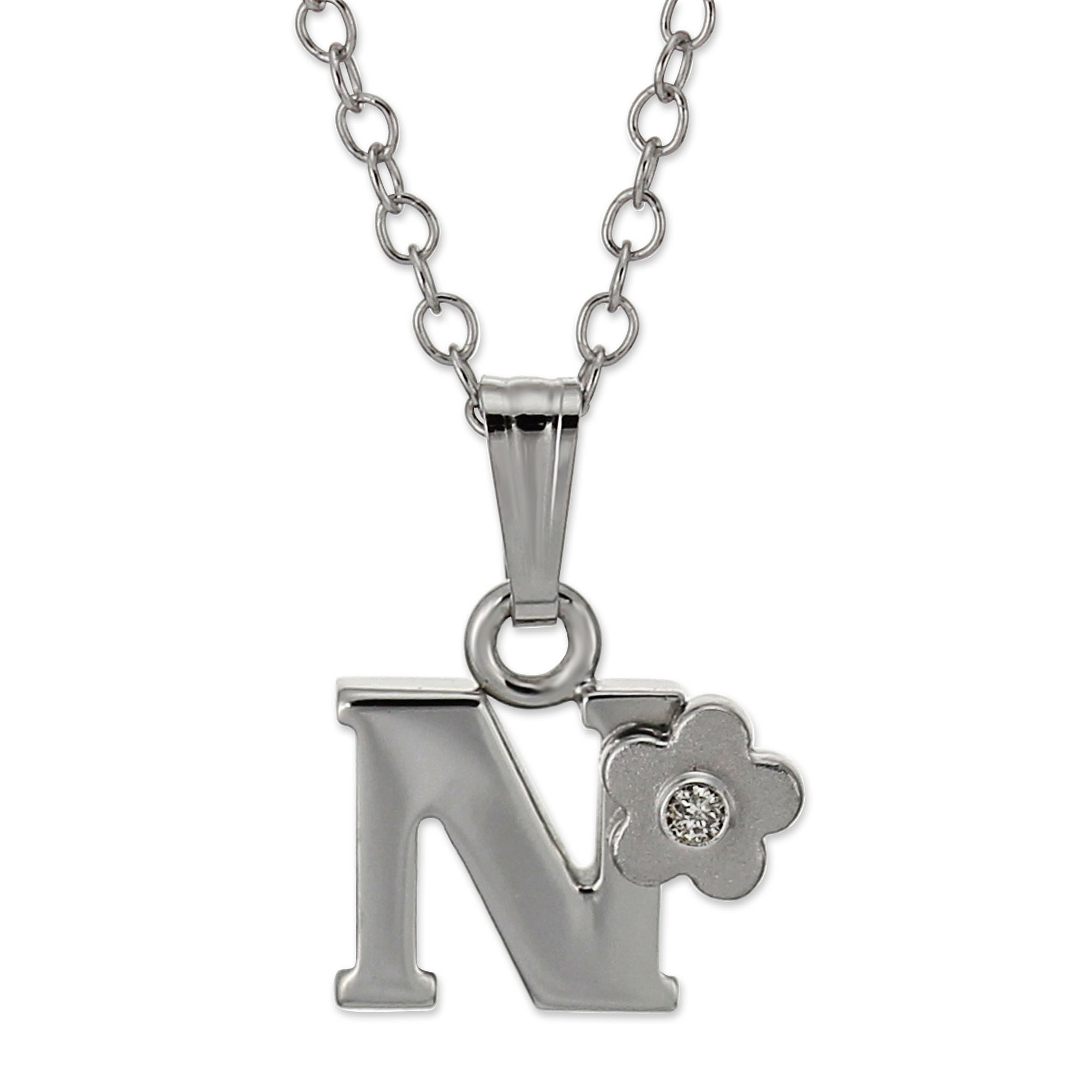 Sterling Silver Diamond Flower Initial Children's Pendants, 16