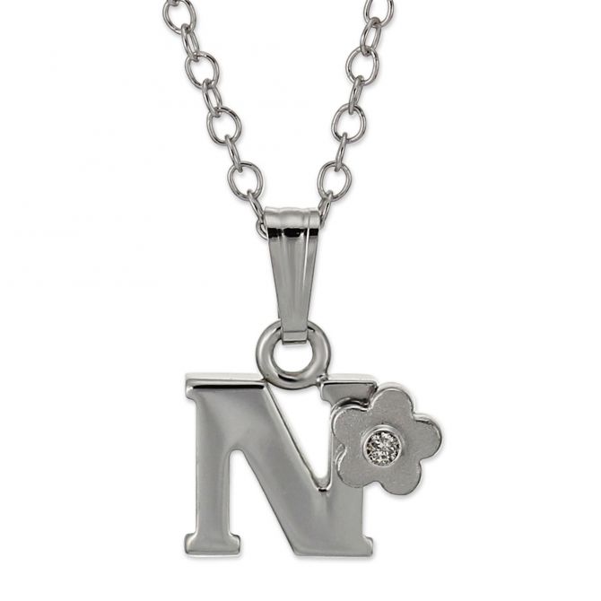 Sterling Silver Diamond Flower Initial Children's Pendants, 16"