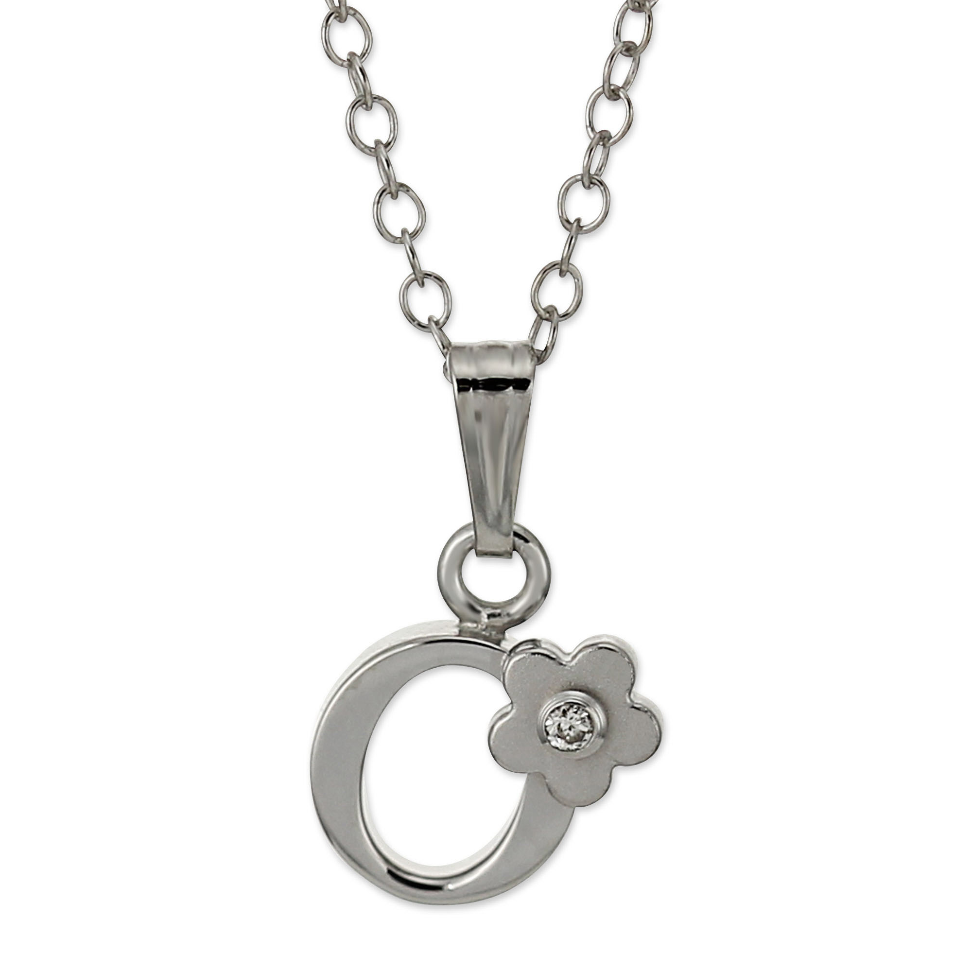Sterling Silver Diamond Flower Initial Children's Pendants, 16