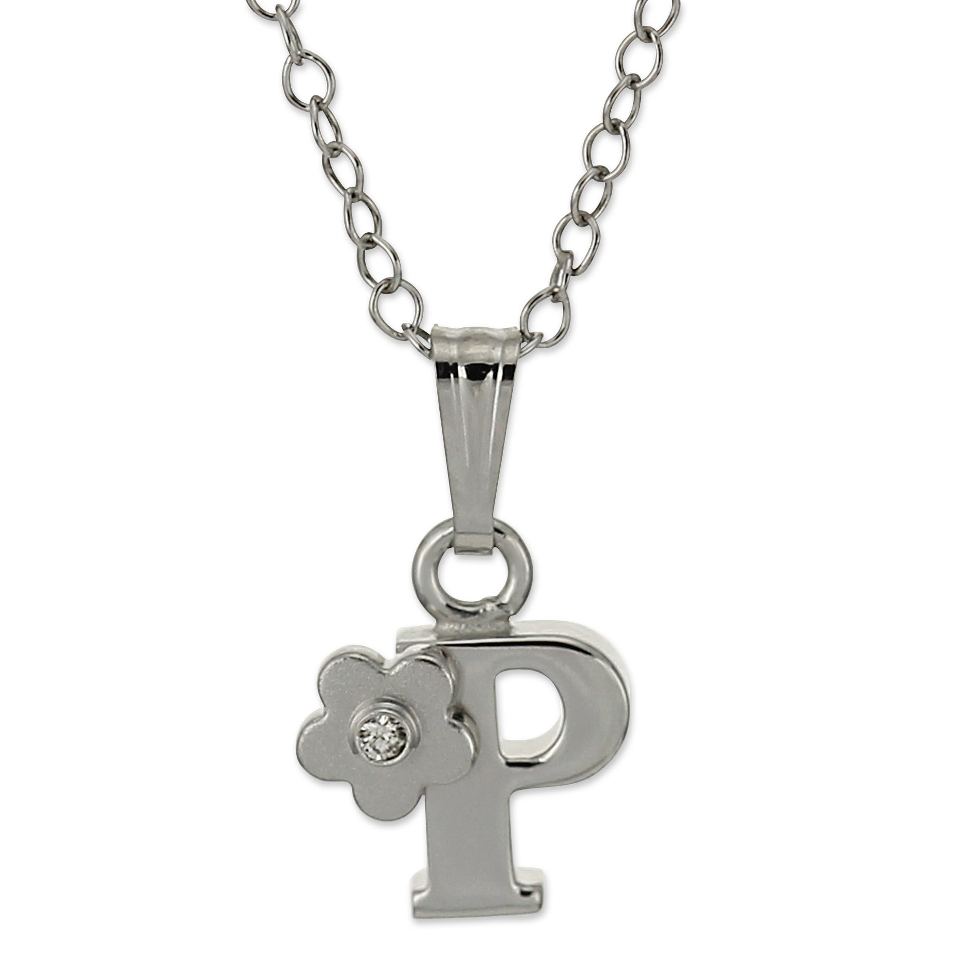 Sterling Silver Diamond Flower Initial Children's Pendants, 16