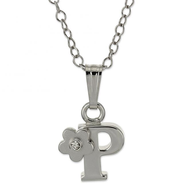 Sterling Silver Diamond Flower Initial Children's Pendants, 16"