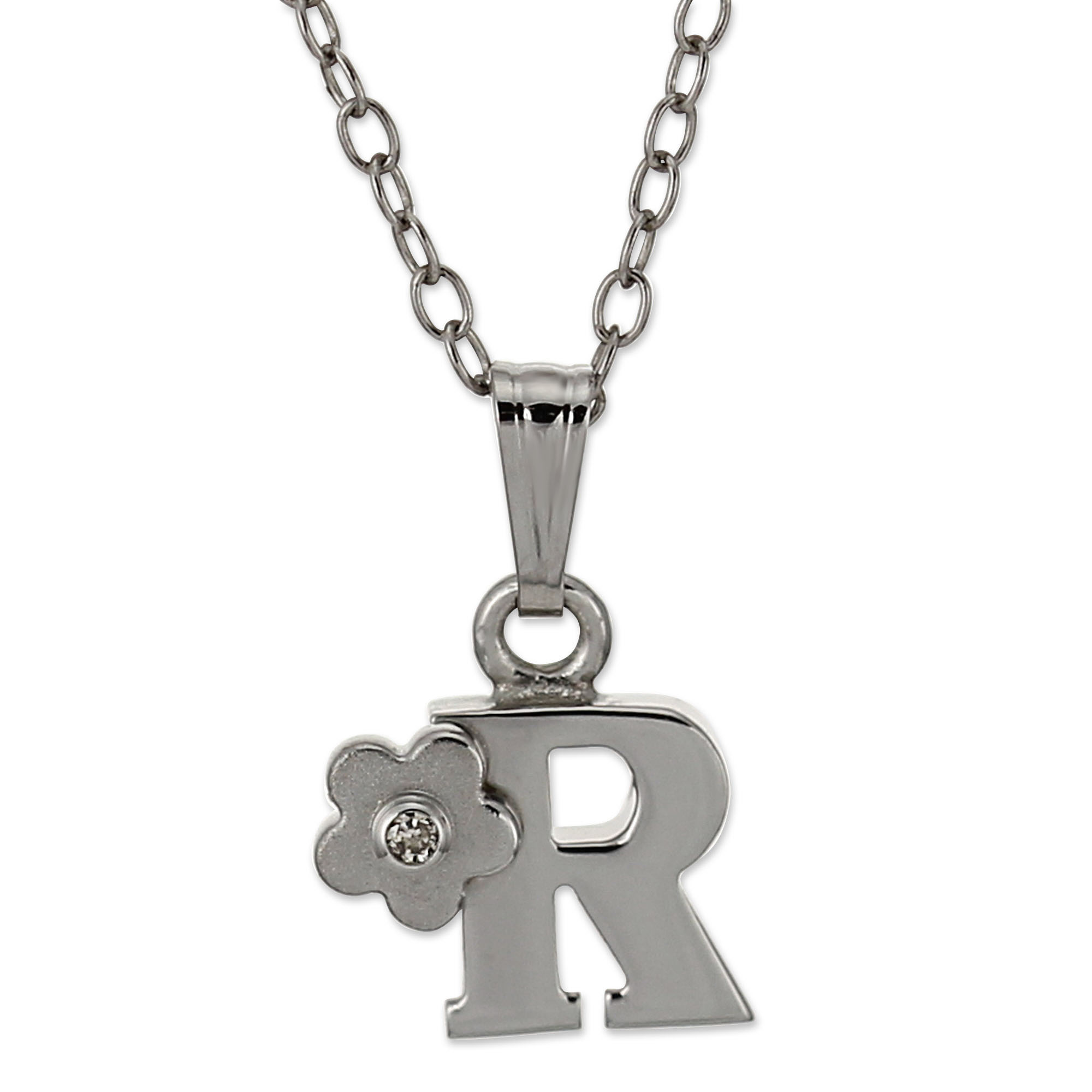 Sterling Silver Diamond Flower Initial Children's Pendants, 16