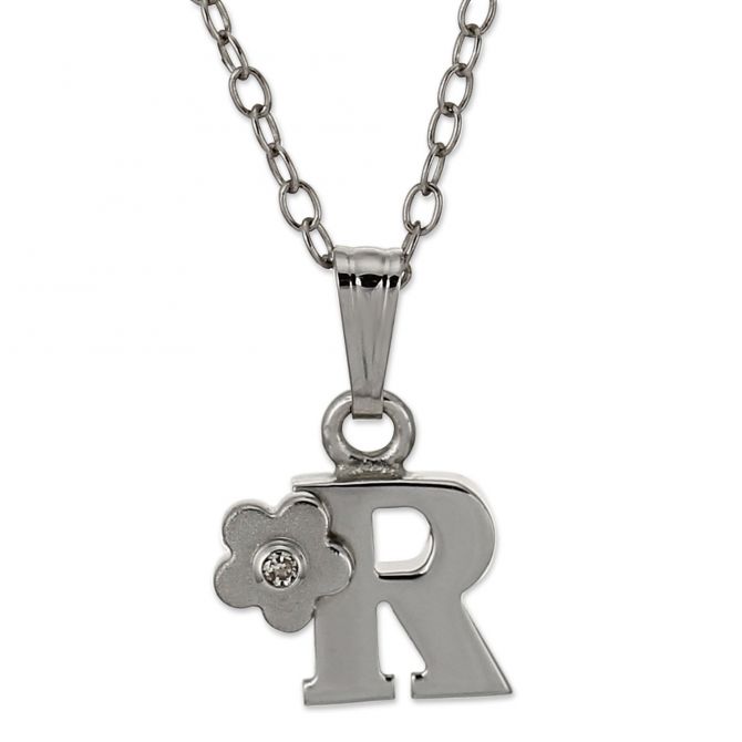 Sterling Silver Diamond Flower Initial Children's Pendants, 16"