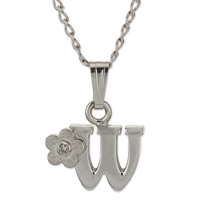 Sterling Silver Diamond Flower Initial Children's Pendants, 16"