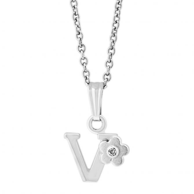 Sterling Silver Diamond Flower Initial Children's Pendants, 16"
