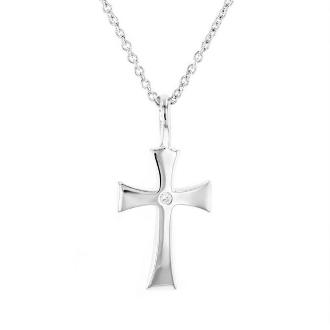 Sterling Silver Diamond Flared Cross Pendant, 18"