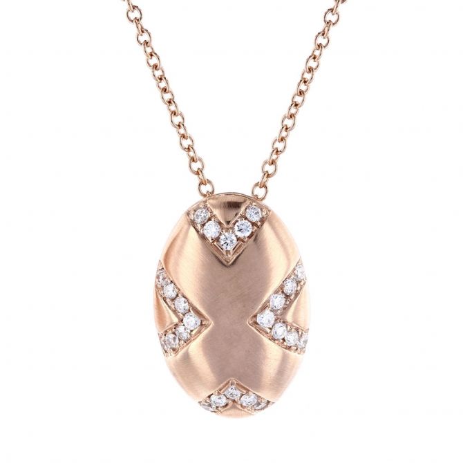 14K Rose Gold Diamond Chevron Oval Pendant, 16"