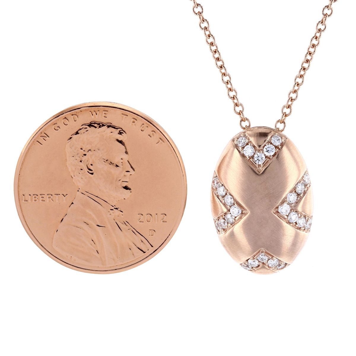 14K Rose Gold Diamond Chevron Oval Pendant, 16