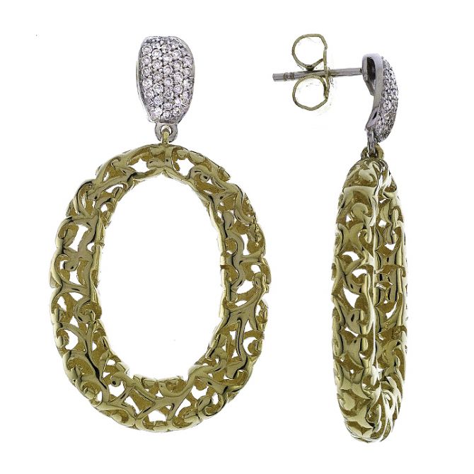 18K Yellow & White Gold Diamond Oval Earrings With Scroll Work