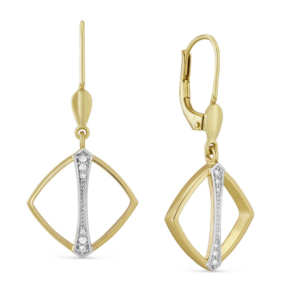 14K Yellow & White Gold Diamond Open Cushion Dangle Earrings