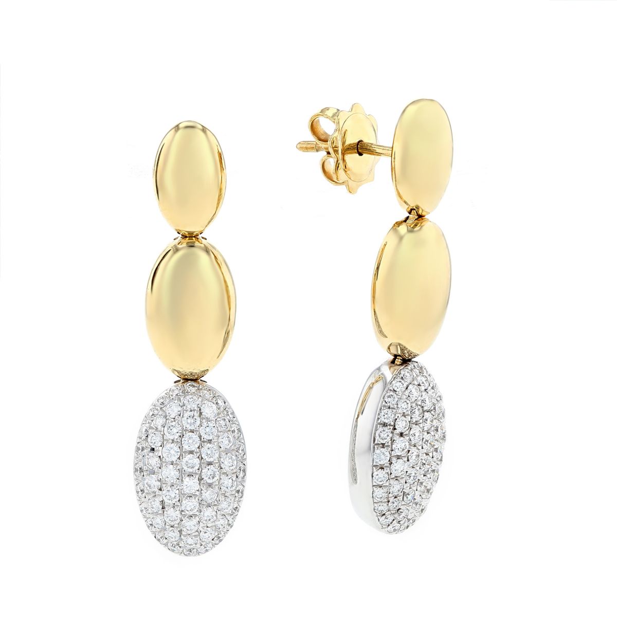 18K Yellow & White Gold Diamond Pave 3 Oval Drop Earrings