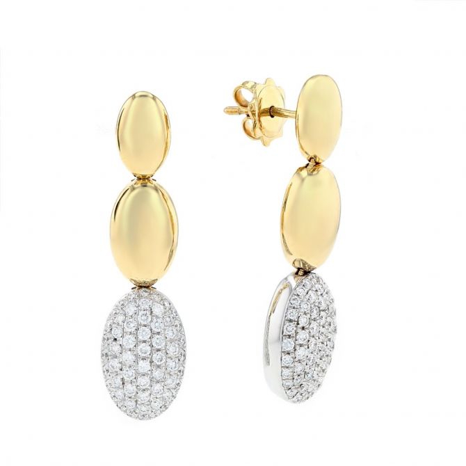 18K Yellow & White Gold Diamond Pave 3 Oval Drop Earrings