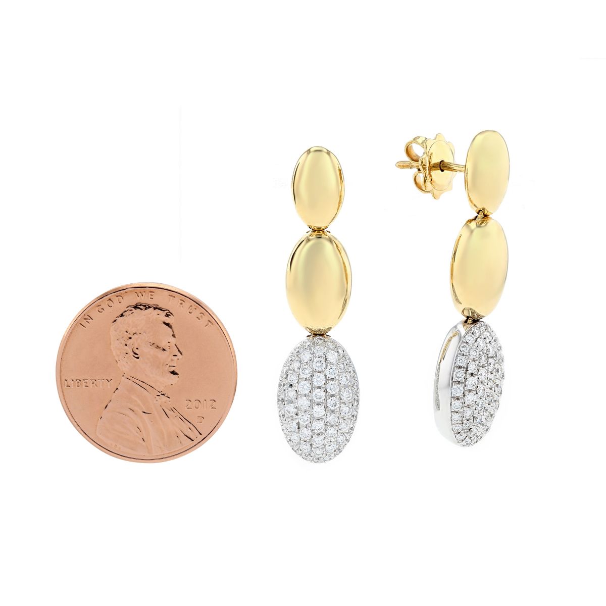 18K Yellow & White Gold Diamond Pave 3 Oval Drop Earrings