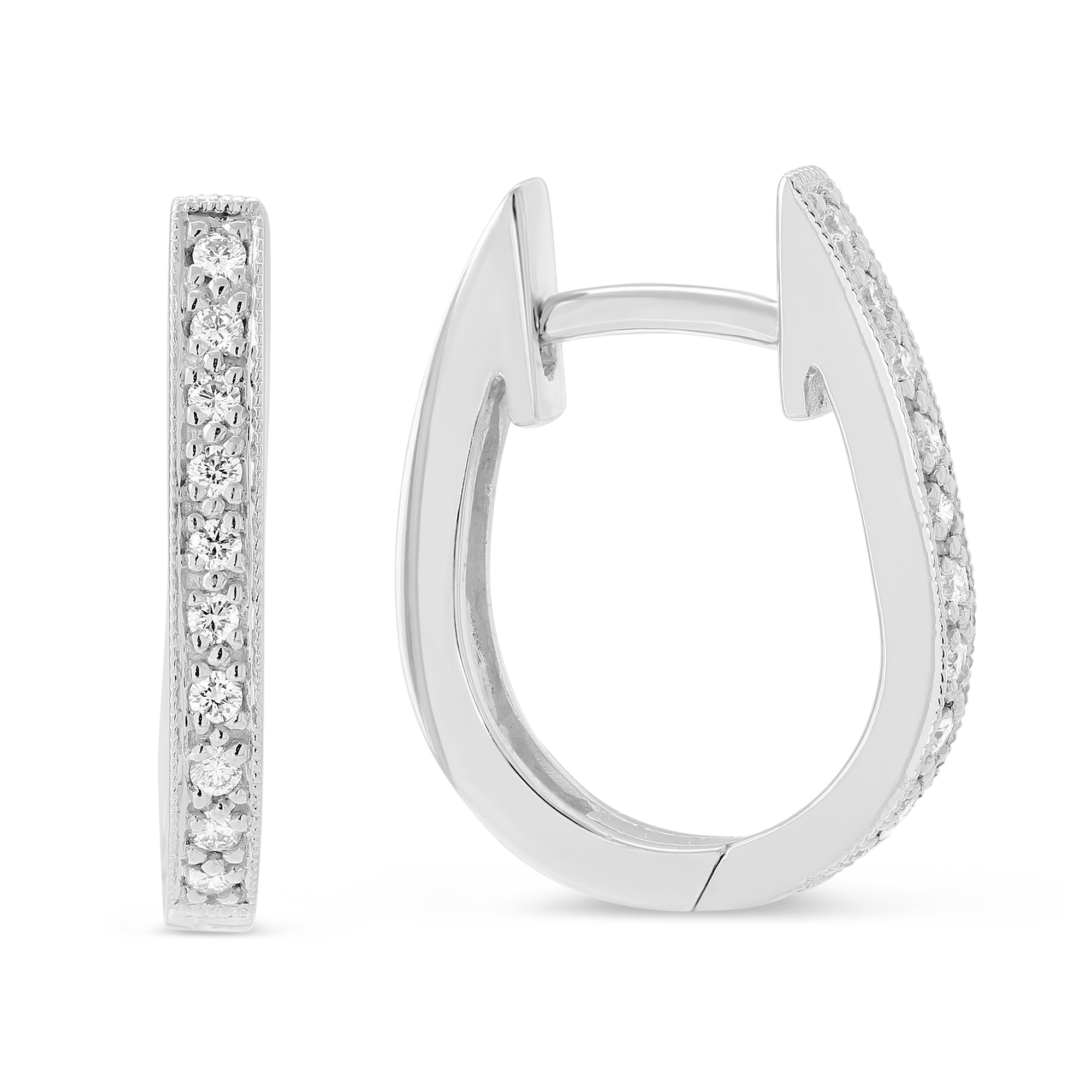 Diamond Oval Hoop Earrings in White Gold, 0.13 cttw