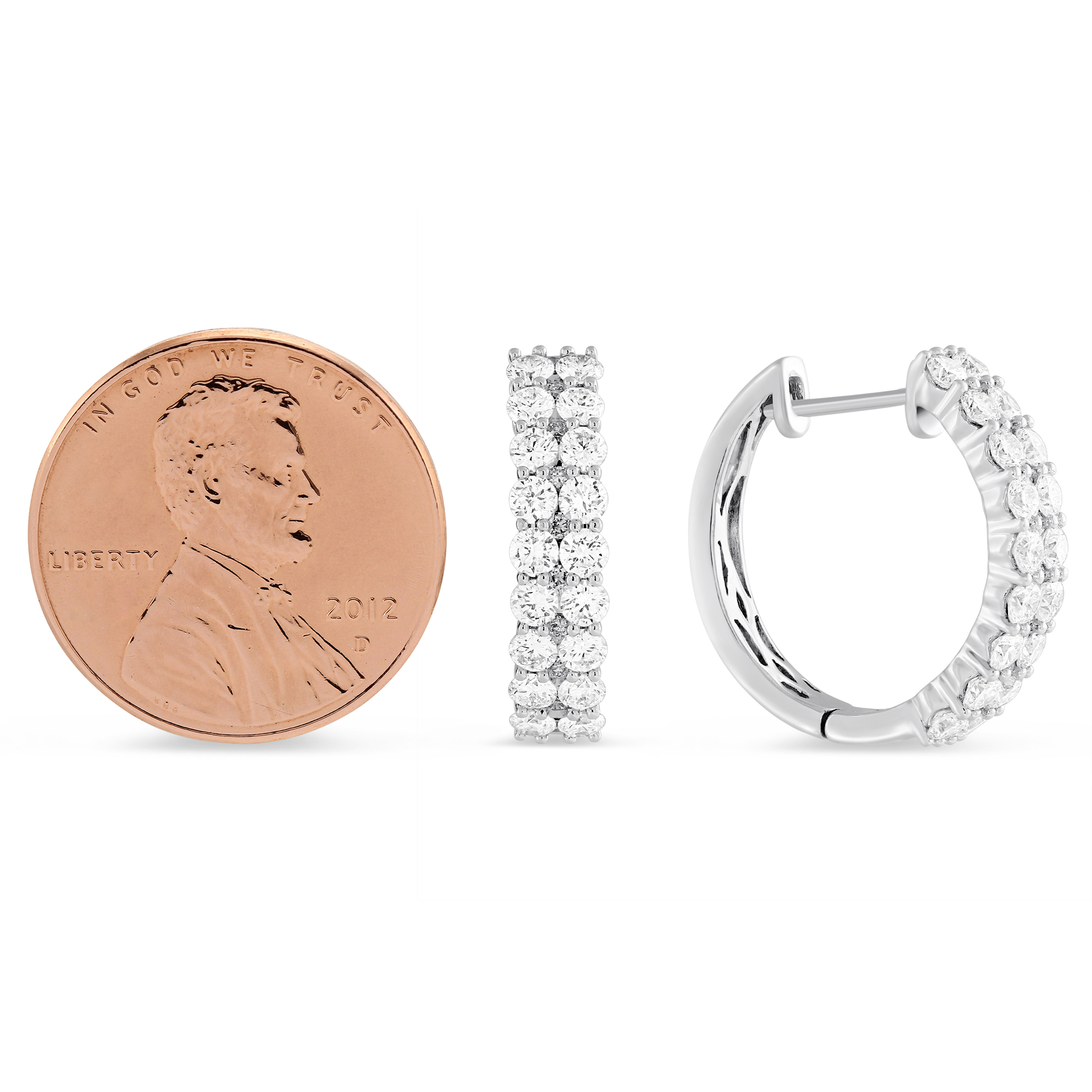 Two Row Diamond Huggie Hoop Earrings in White Gold, 1.50 cttw