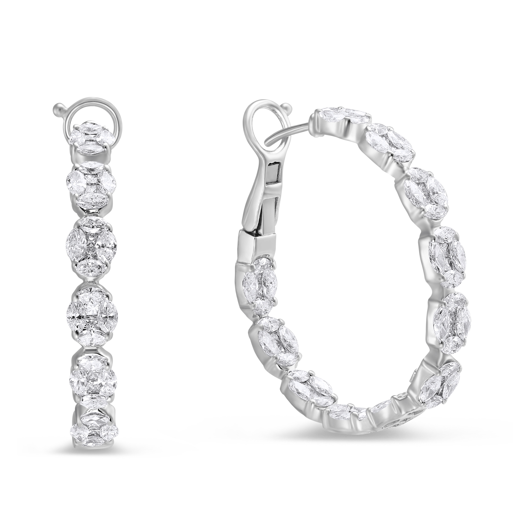 18K White Gold Marquise & Princess Cut Diamond Hoop Earrings, 4.96 cttw