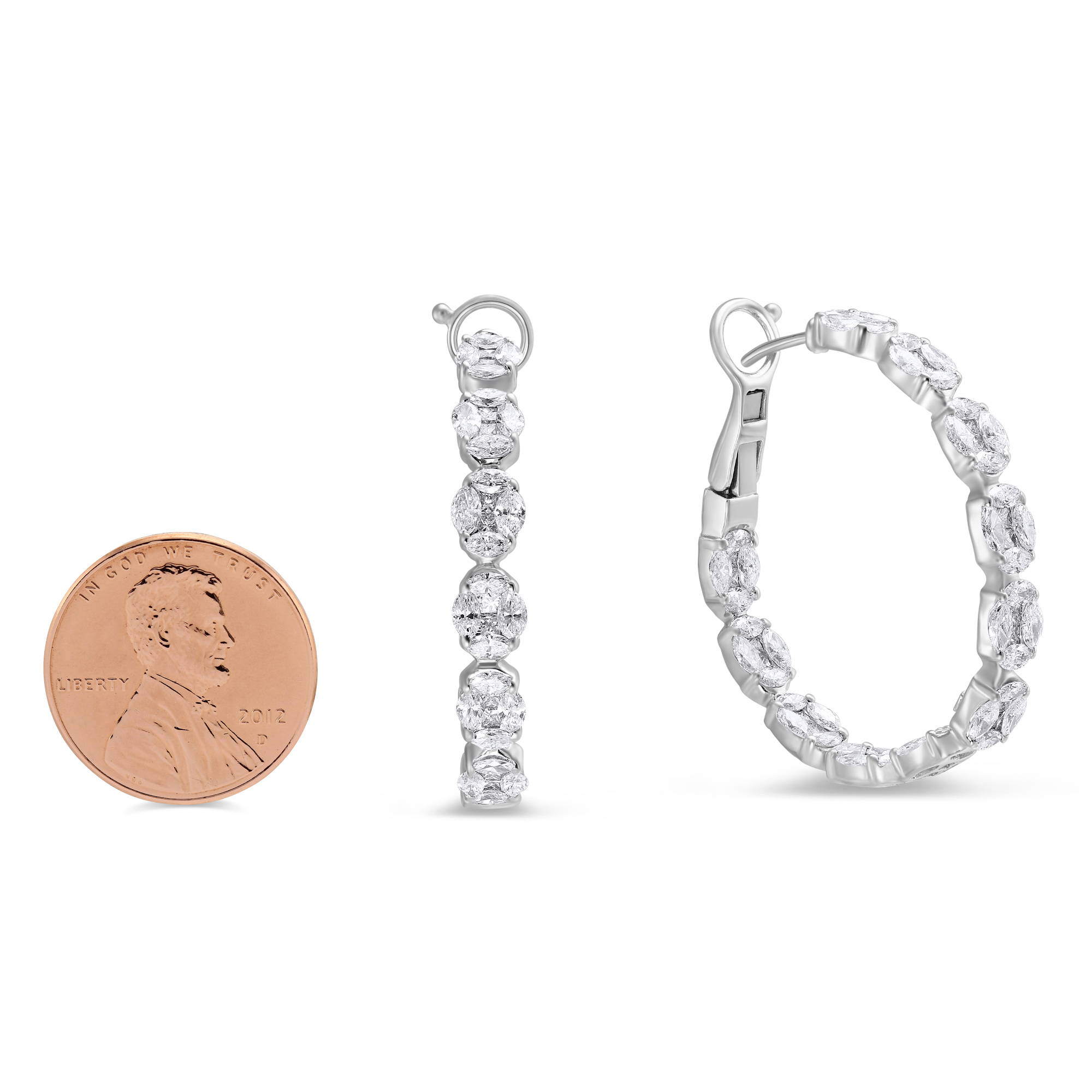 18K White Gold Marquise & Princess Cut Diamond Hoop Earrings, 4.96 cttw