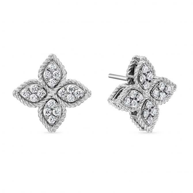 Roberto Coin Princess Flower Medium 18K Gold Stud Earrings with Diamonds