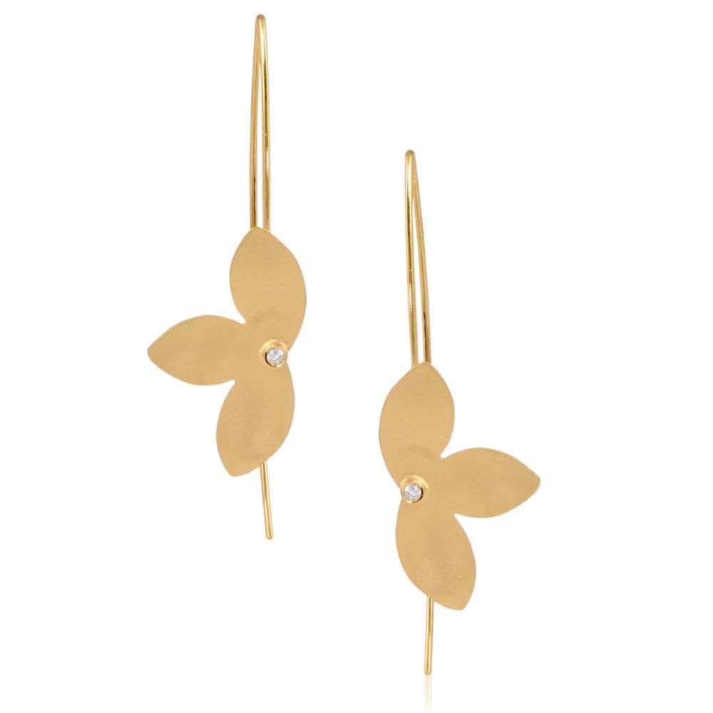 Marika 4 Petal Flower Wire Drop Earrings in Yellow Gold with Diamond Accent